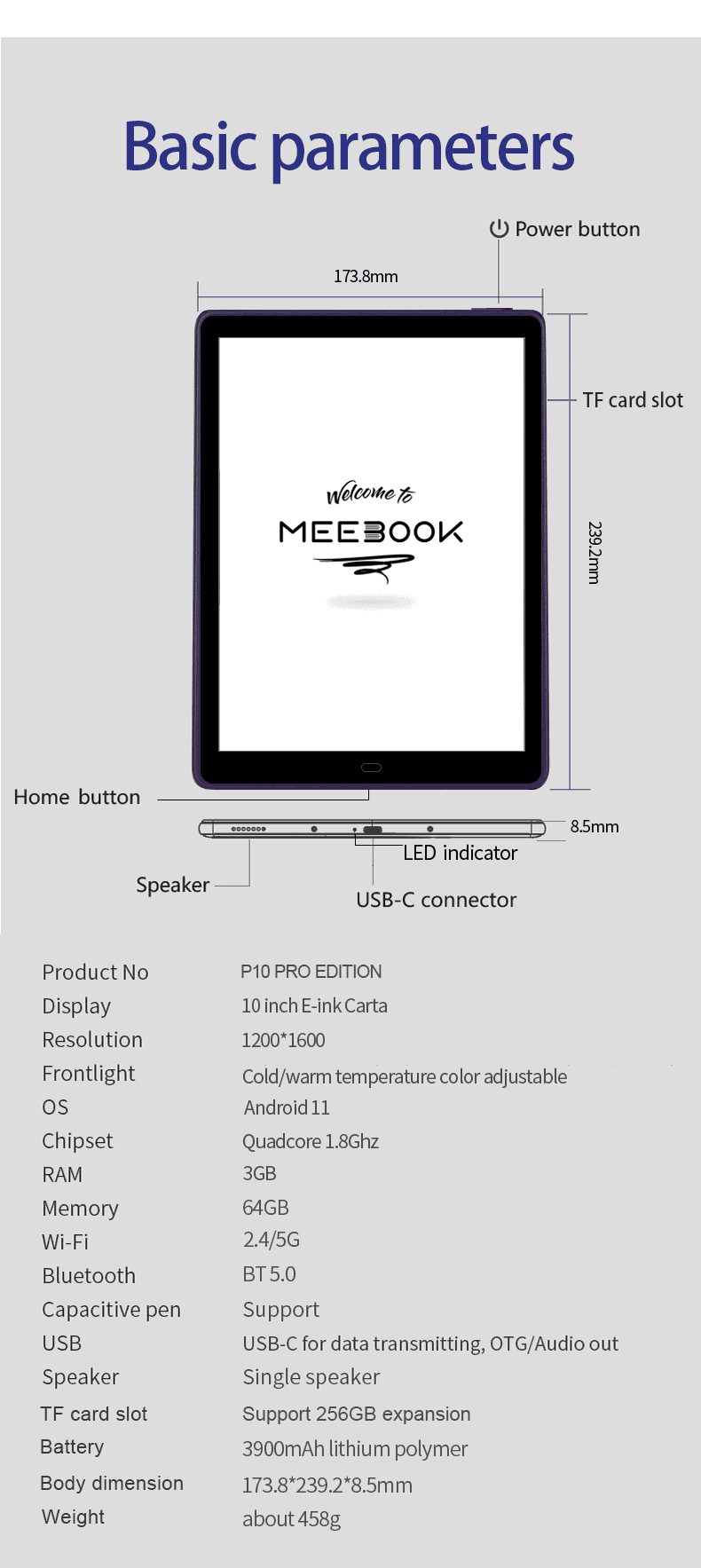 Meebook P10 Pro EDITION (2023) - Android 11, RAM 3GB, bộ nhớ 64GB, hỗ trợ thẻ nhớ 22
